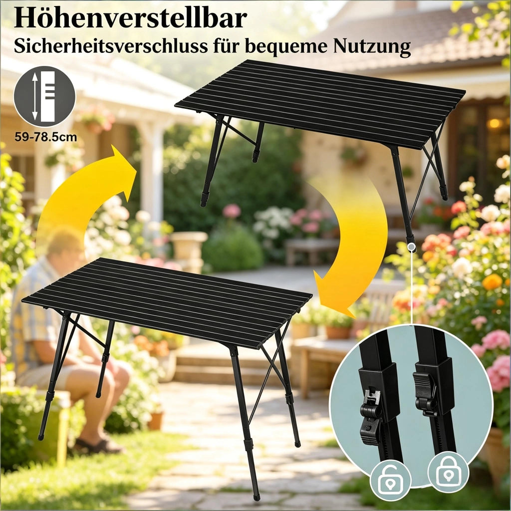 TAVOLO Pieghevole da campeggio regolabile 120 x 68,5 cm Alluminio Nero