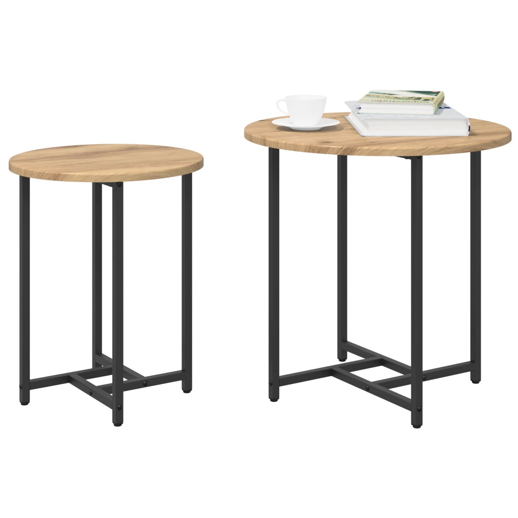 Set di 2 Tavolini in Legno Composito di Quercia e Metallo