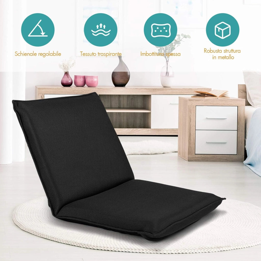 Sedia da Pavimento Poltrona da Terra, Sedia Reclinabile Imbottita, per Salotto Camera da Letto e Studio (Nero)