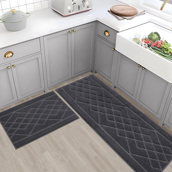 Antisliploper per cucina, 2 pezzi, lavabile e assorbente con fondo in TPR antislip per sala da pranzo, cucina, corridoio, 60x89cm + 60x152cm, grigio scuro