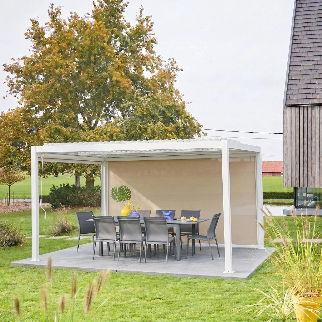 Pergola bioclimatica 3x4m in alluminio e acciaio + tenda 4m, bianco