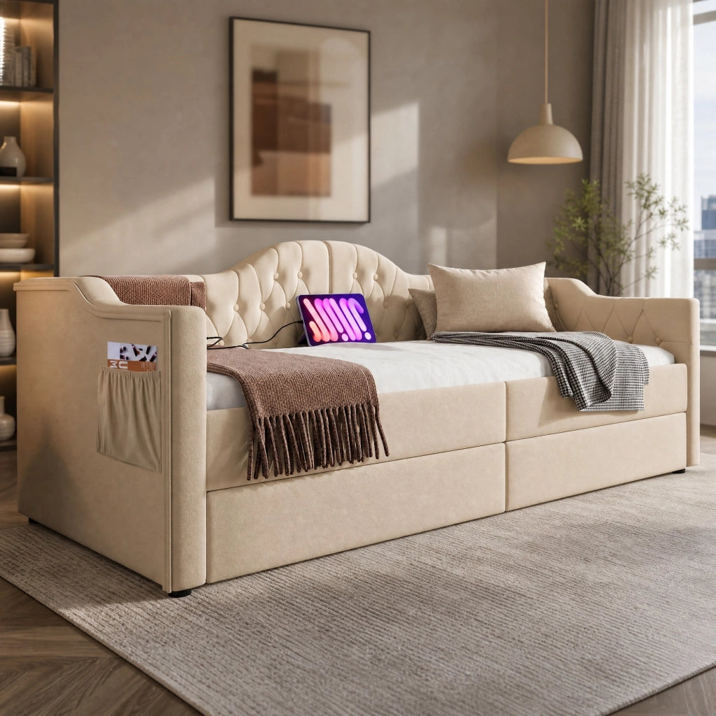 DESMIU Divano letto 90 × 200 cm 1 posto con 2 cassetti, USB, Type-C e senza materasso, in velluto beige