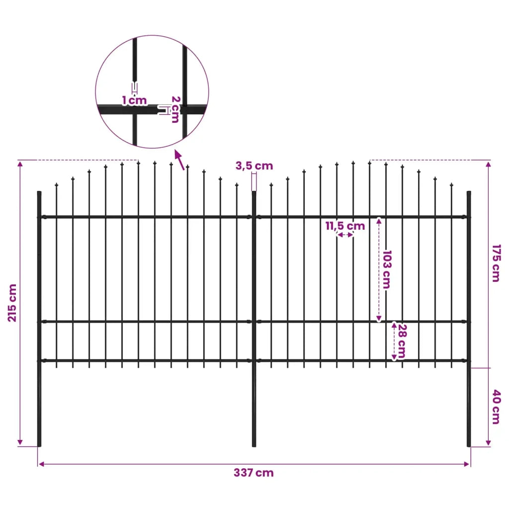 Recinzione da Giardino con Punta a Lancia in Acciaio 337x175 cm Nero 277740