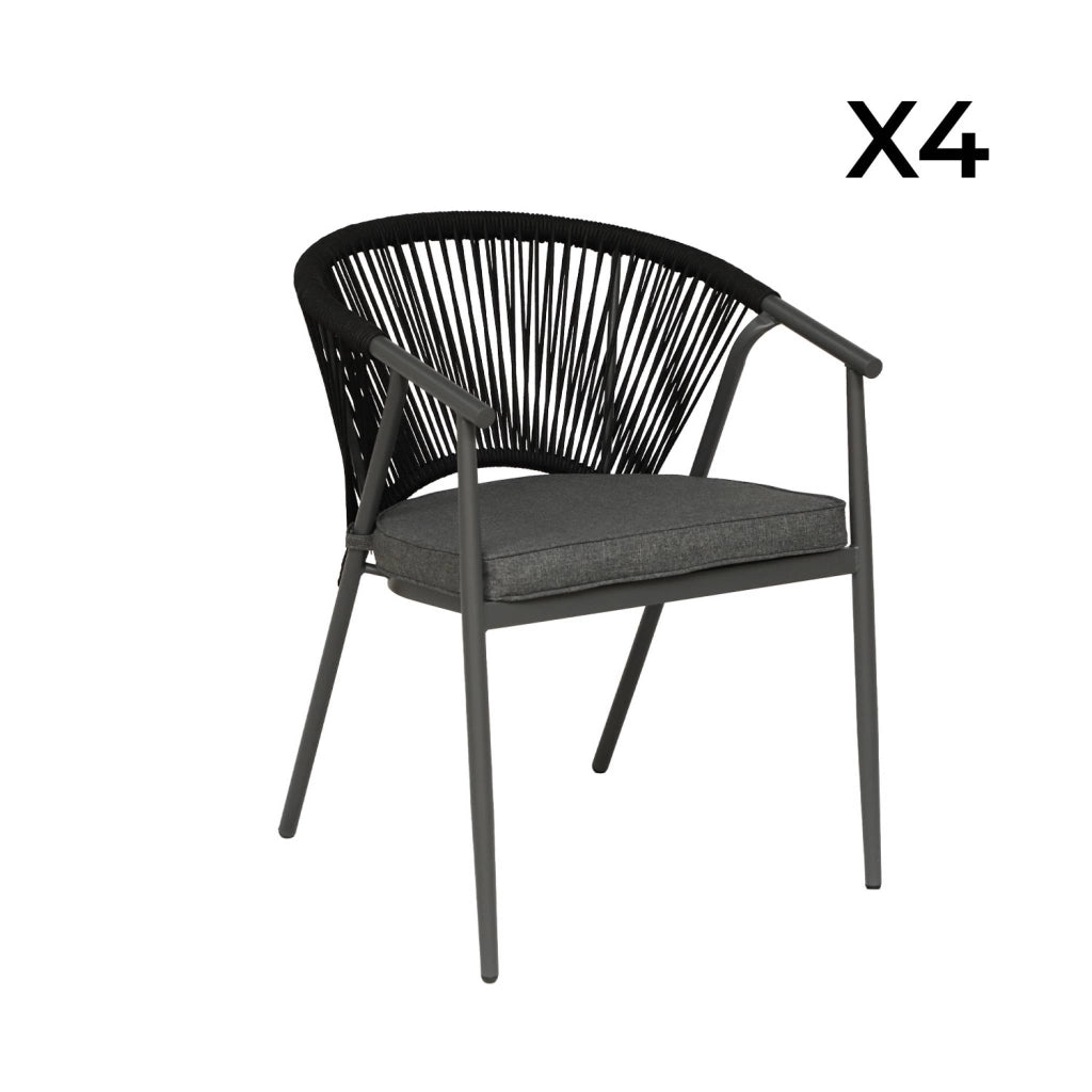 Set 4 sedie da giardino impilabili in acciaio e corde, nero
