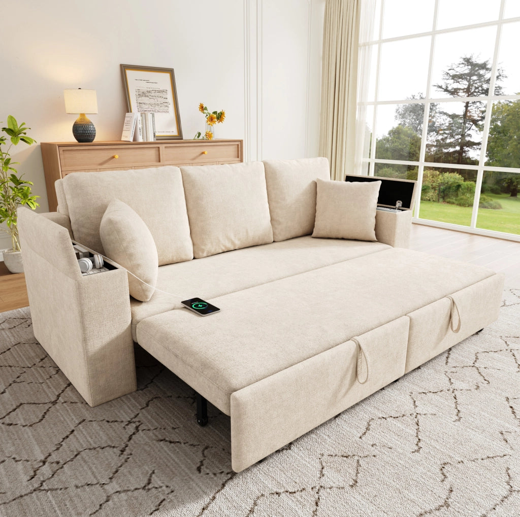Divano 3 posti trasformabile con letto estraibile 210;5x192 cm; chenille beige