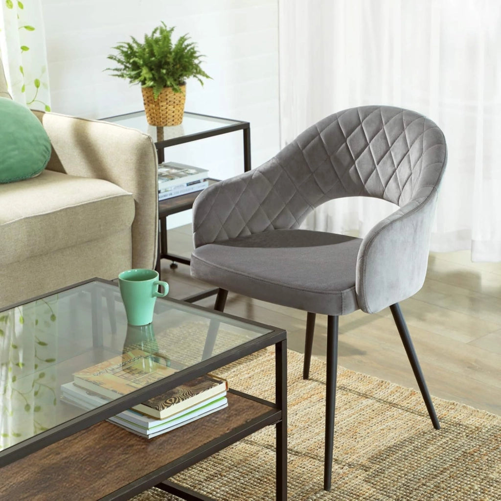 SONGMICS Set di 2 Sedia da Pranzo in Velluto, Sedia da Cucina Imbottita Moderna, con Braccioli, Schienale, Gambe Metalliche, Design Elegante, per Sala da Pranzo, Soggiorno, Grigio LDC82GY02