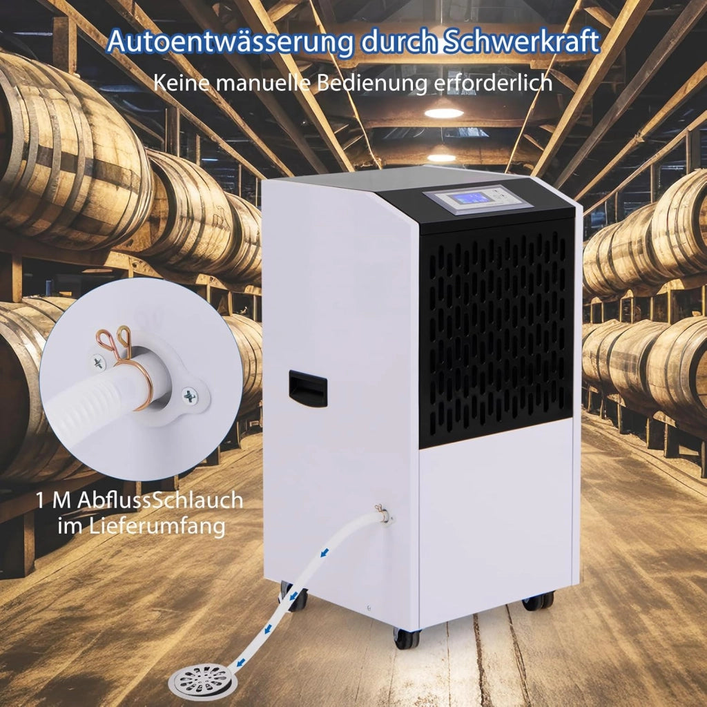 Deumidificatore Elettrico 118L/Giorno, Deumidificatore Professionale Industriale con Ruote, Tubo di Scarico, Timer 24 Ore, Filtro Rimovibile Lavabile, per Cantine, Magazzini, Scantinati (Bianco)