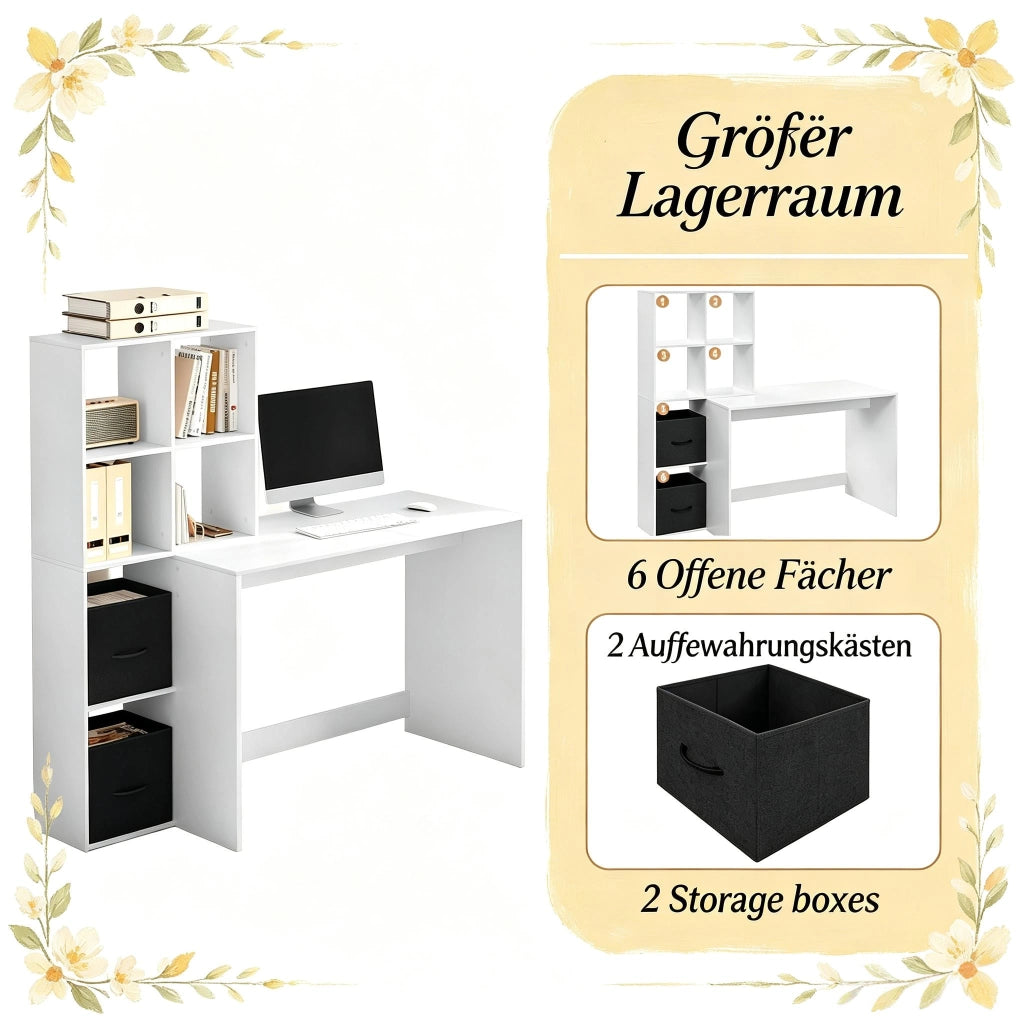 Scrivania con libreria e scomparti laterali con cassetti in tessuto in legno bianco moderna 110 × 74 × 50 cm