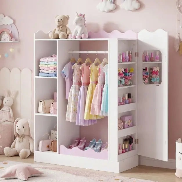 Armadio appendiabiti per bambini con specchi e ripiani rosa per cameretta organizzatore vestiti e giochi