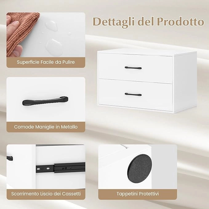 Organizzatore di Stoccaggio Impilabile con 2 Cassetti, Mobile Orizzontale con Kit Anti-Ribaltamento, Comò Multiuso per Soggiorno Studio Ufficio, 60x34x38 cm (Bianco)