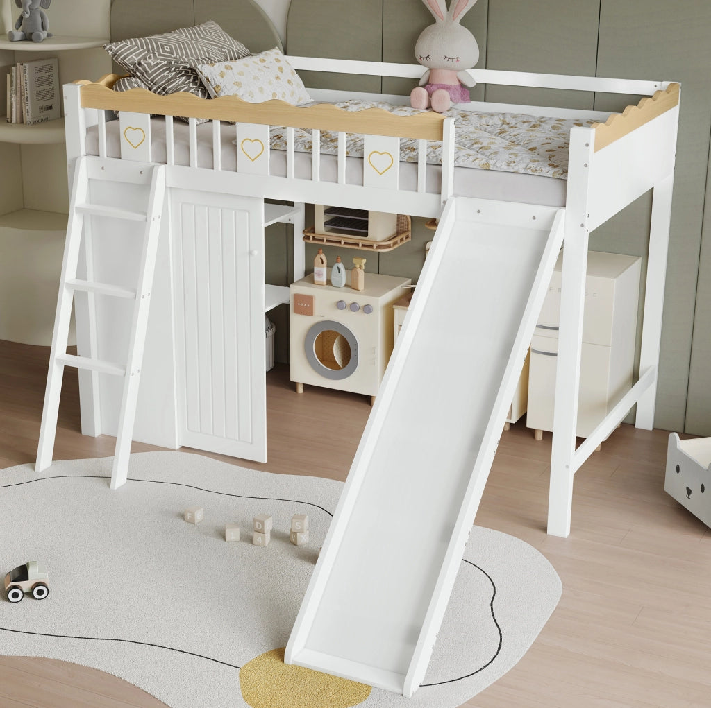 Letto a soppalco 90x200 cm con scivolo; guardaroba e vano contenitore in legno e MDF bianco naturale