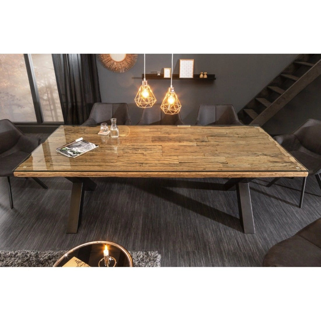 Tavolo da pranzo RAFTA 220 cm – Piano in legno massello di teak e vetro temperato – Gambe a X in metallo nero