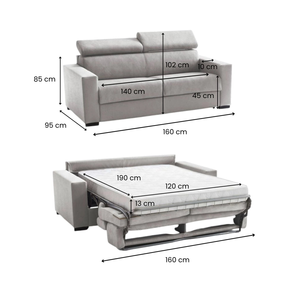 Alinia, Divano Letto 2 Posti Sfoderabile Made in Italy, 160x95 cm Grigio