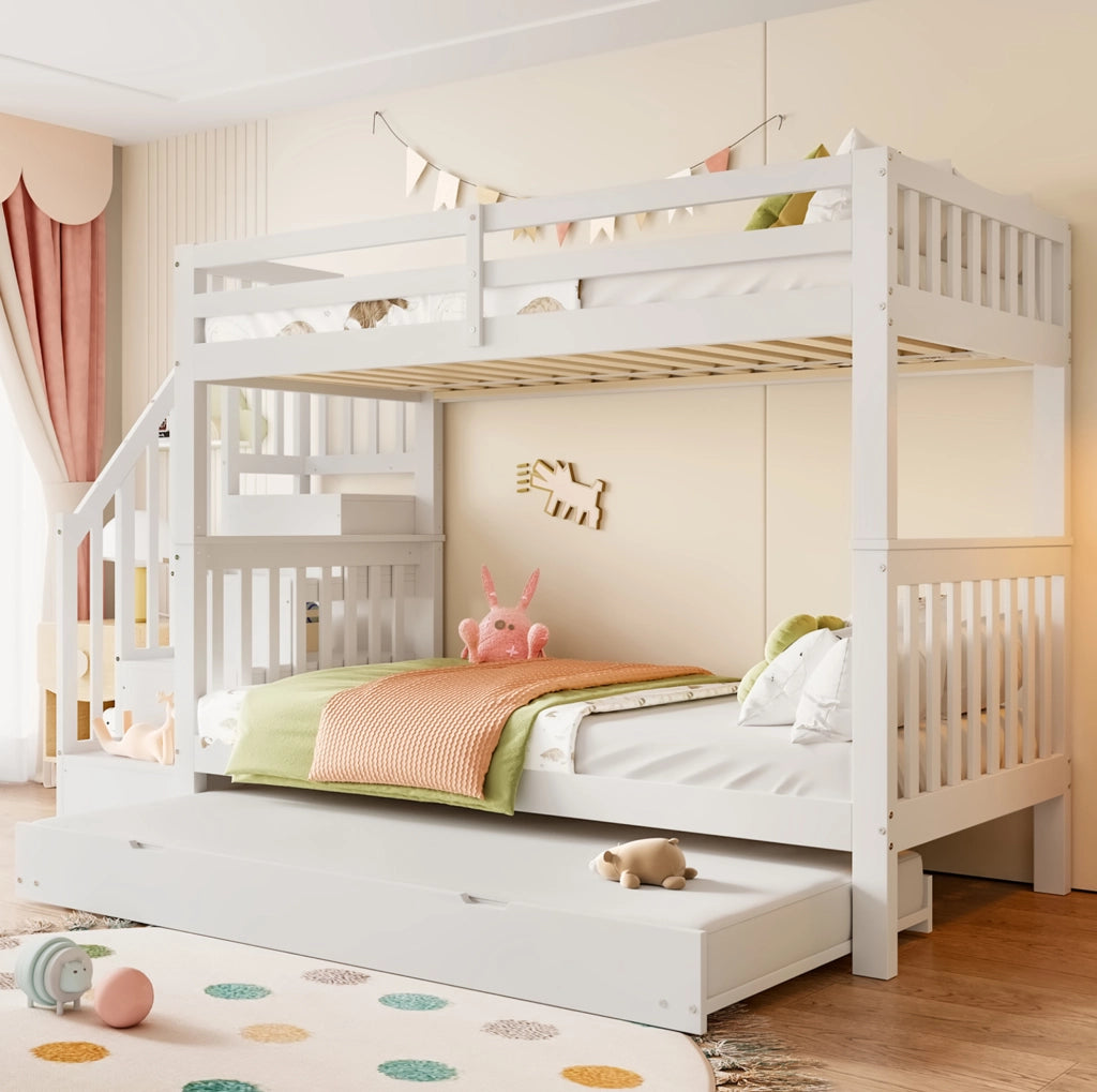 Letto a castello 90x200 cm con letto estraibile e scala con ripiani in pino bianco