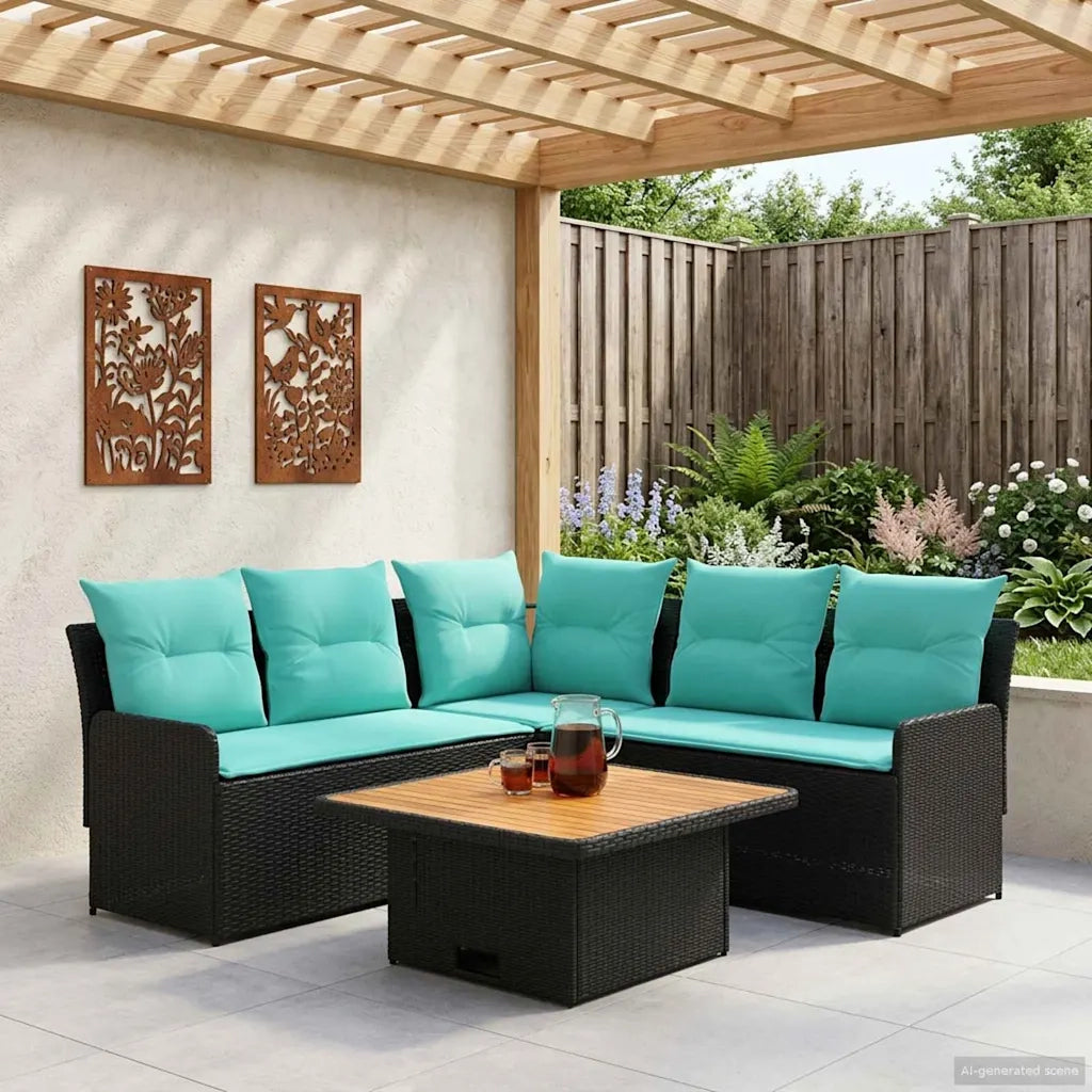 Set di Mobili con cuscino 4 pcs Nero e Turchese Rattan in PE
