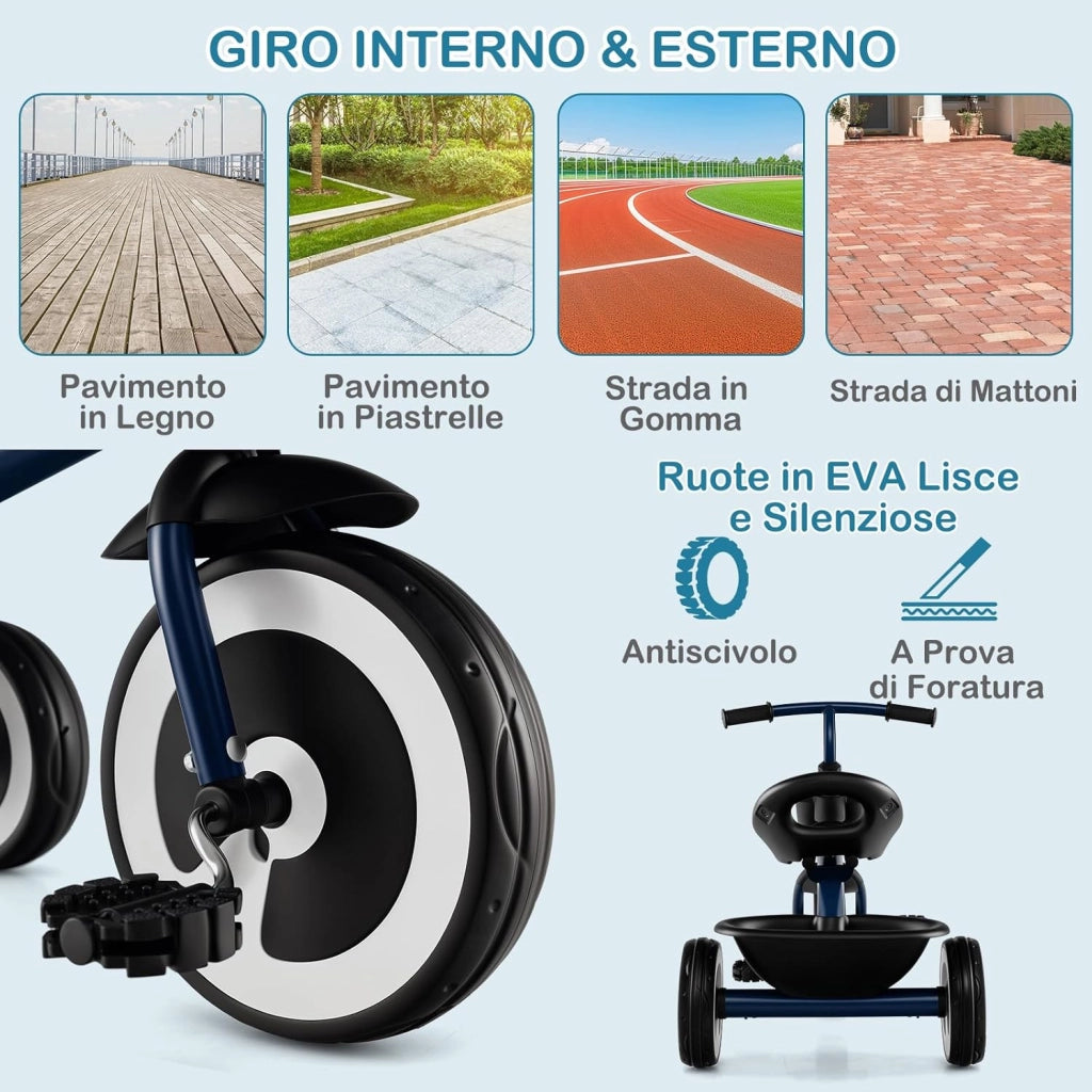 Triciclo per Bambini, Trike con Sede Regolabile Cestini Anteriori e Posteriori, Bicicletta a 3 Ruote con Telaio in Ferro Carbonioso di Alta Resistenza, per Bambini 1,5-5 Anni (Blu)