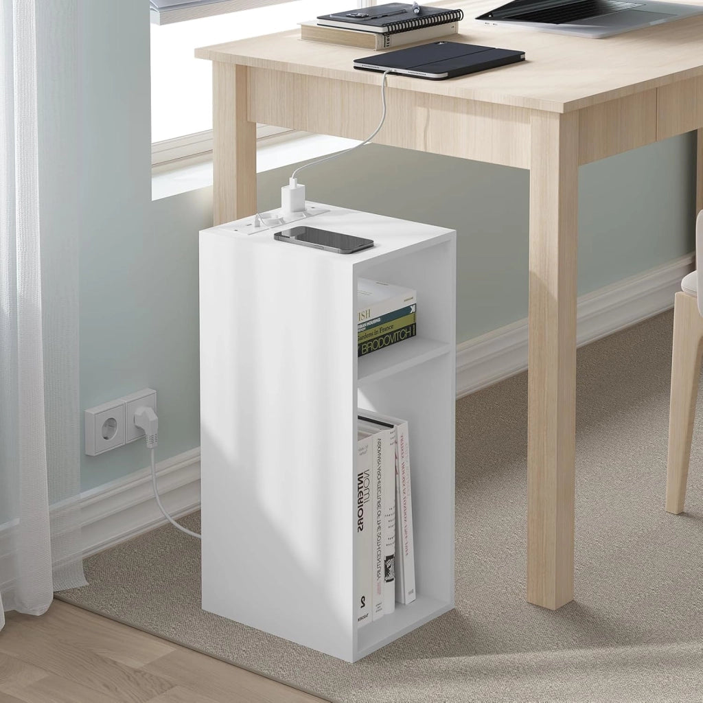2 pezzi Comodino con Prese e Porte USB, Comodino per Camera da Letto Stretto, Comodino Salvaspazio con 2 Scomparti Aperti, per Soggiorno, Cameretta, in Legno, 25x30x60cm, NTS06ws