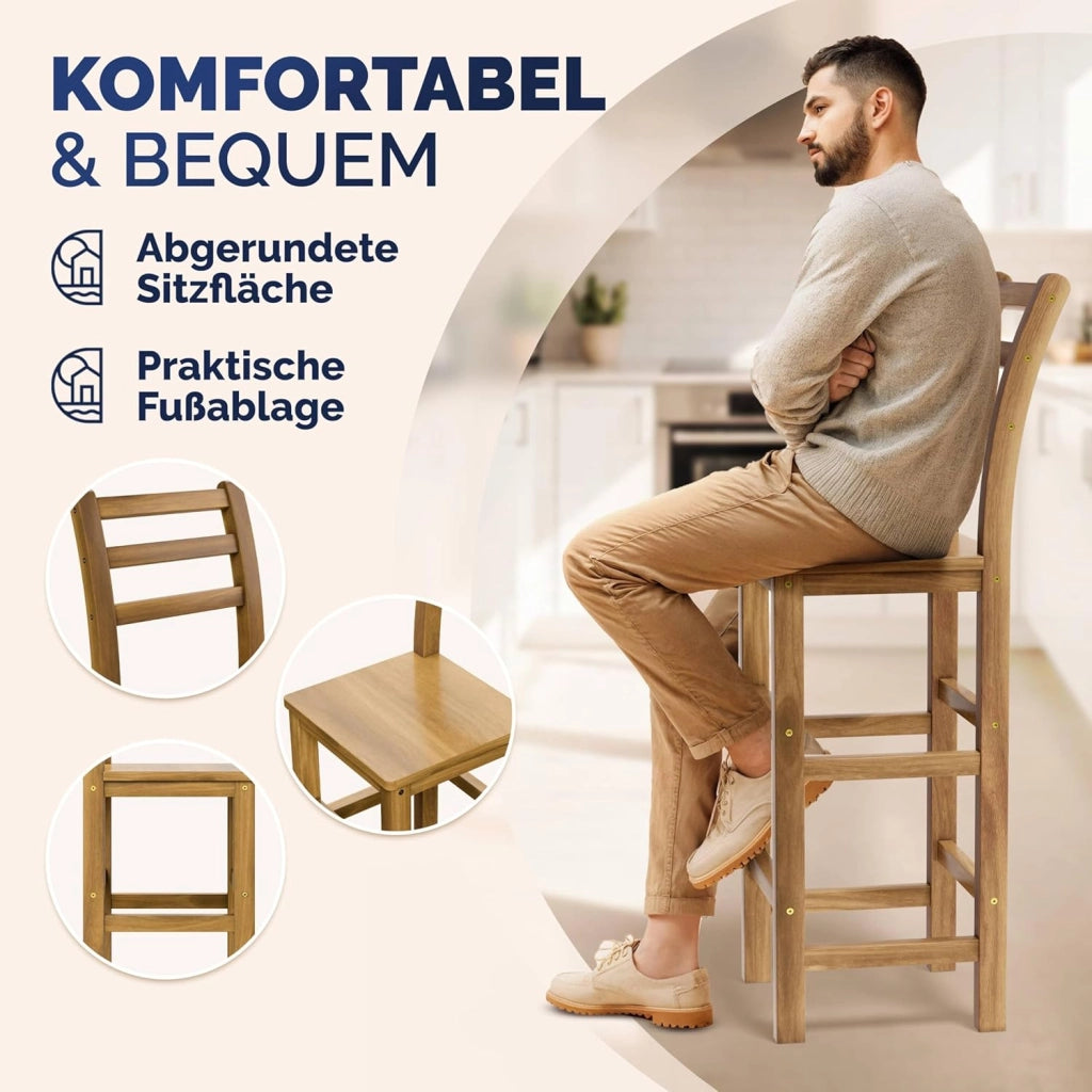 ® Set 2 Sgabelli Rustici in Legno con Schienale 75cm con Poggiapiedi Sgabello Sedie Bar Giardino