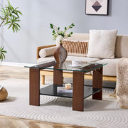 Tavolino basso con piano in vetro temperato e ripiano contenitore per soggiorno in MDF e vetro noce 65 × 41 × 45,5 cm