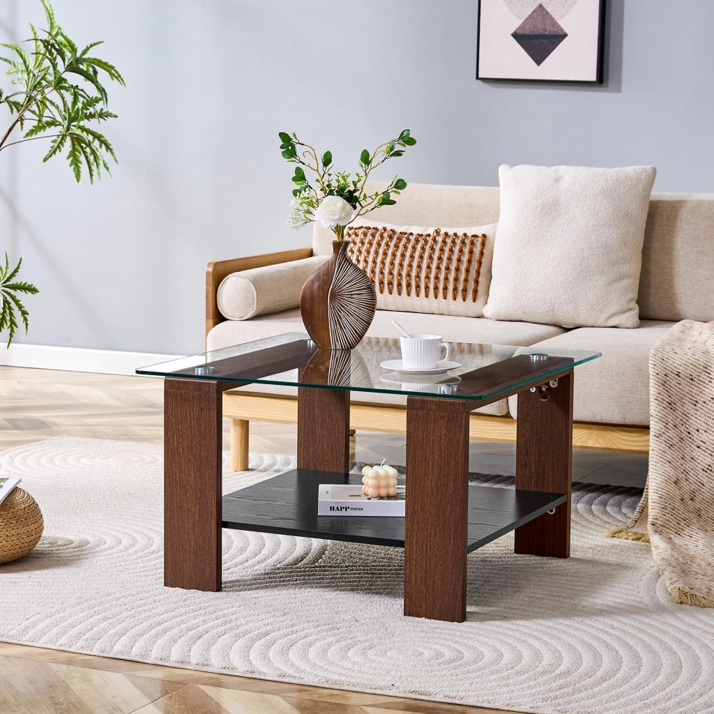Tavolino basso con piano in vetro temperato e ripiano contenitore per soggiorno in MDF e vetro noce 65 × 41 × 45,5 cm