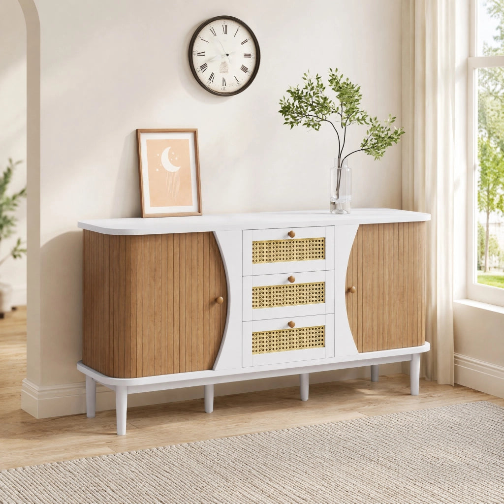 Credenza con cassetti in rattan e ripiani regolabili bordi arrotondati bianco e legno 140,5 × 40 × 76 cm