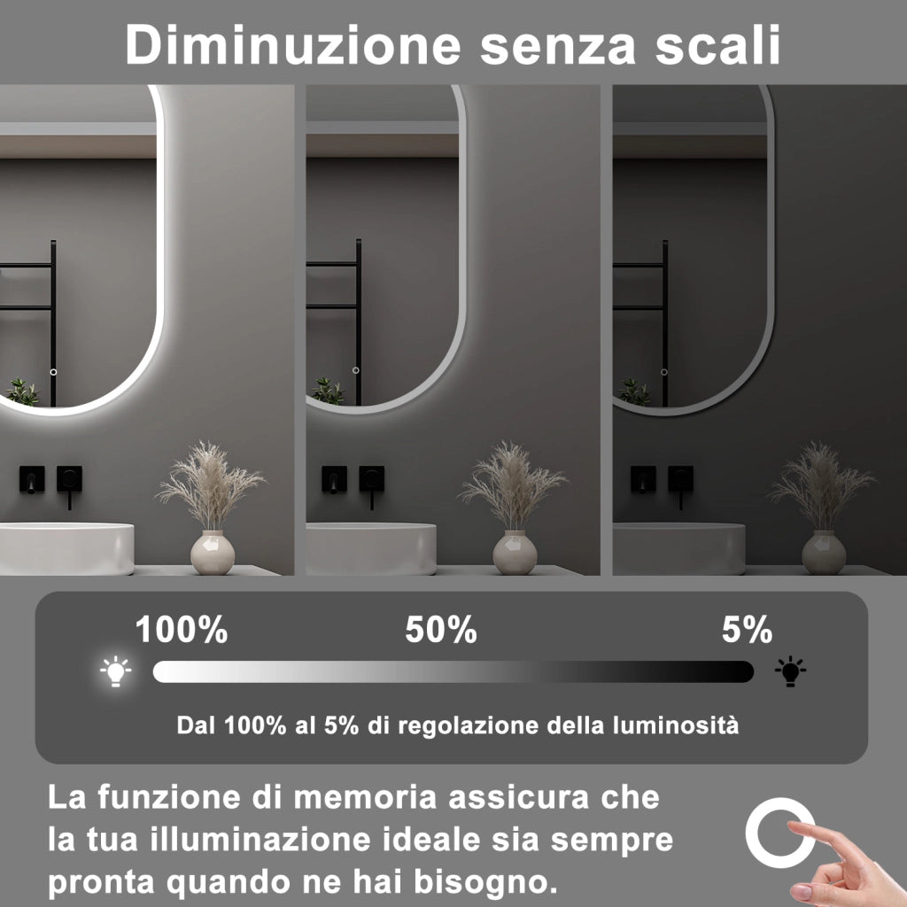 AICA Specchio da bagno 50 x 90 cm, dimmerabile，interruttore touch， Funzione Memoria, antiappannamento