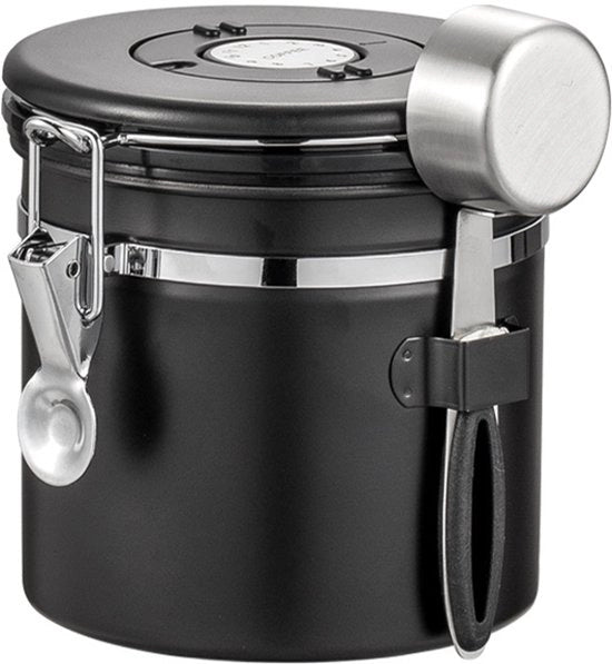 Contenitore di conservazione del caffè - Scatola di archiviazione - Borsa di caffè - Tanke di conservazione dei fagioli - 1200 ml - Acciaio inossidabile - Nero