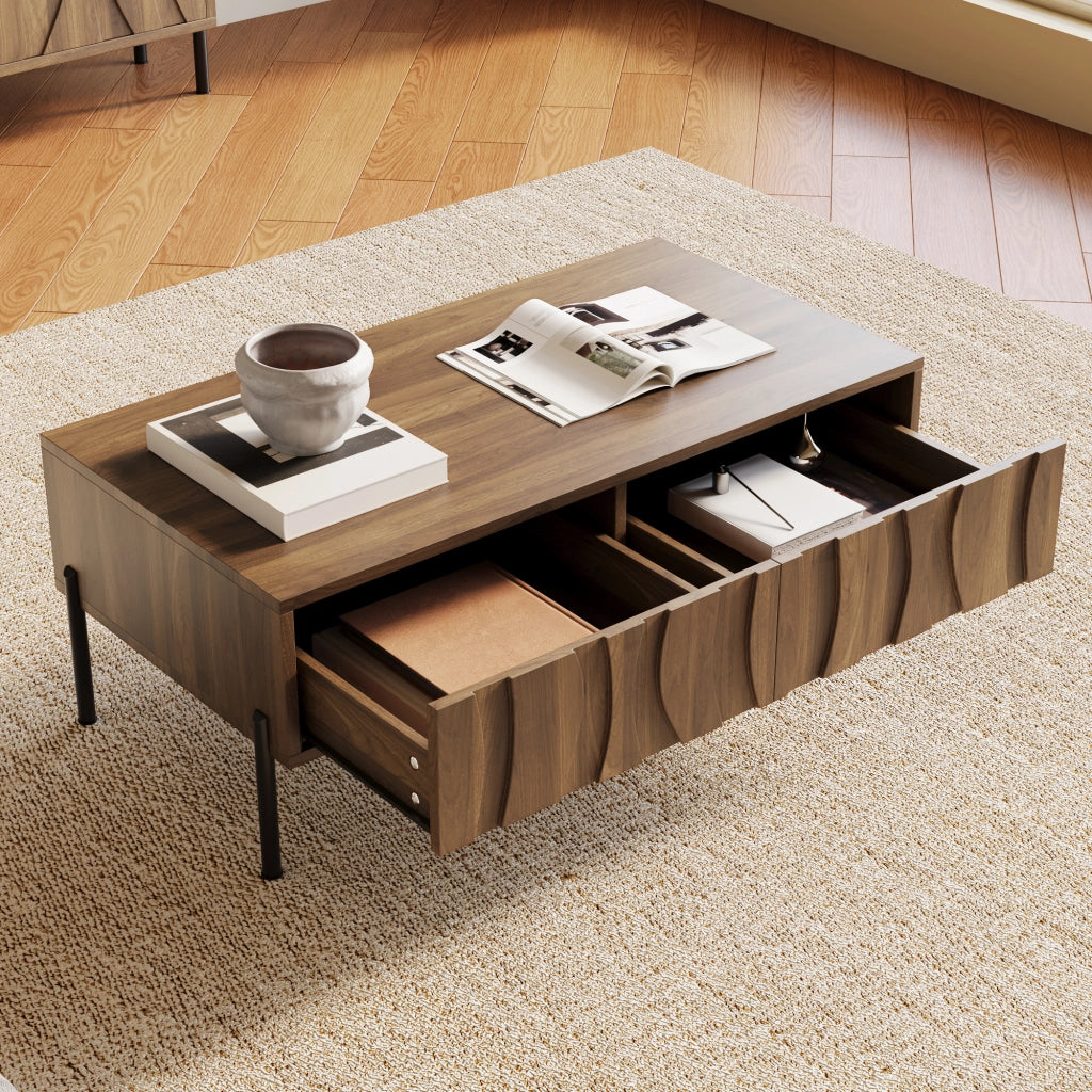 Tavolino da Caffè con 2 Cassetti Ondulati; Stile Vintage; in MDF e Pannello Truciolare; 105×55×41 cm; Naturale