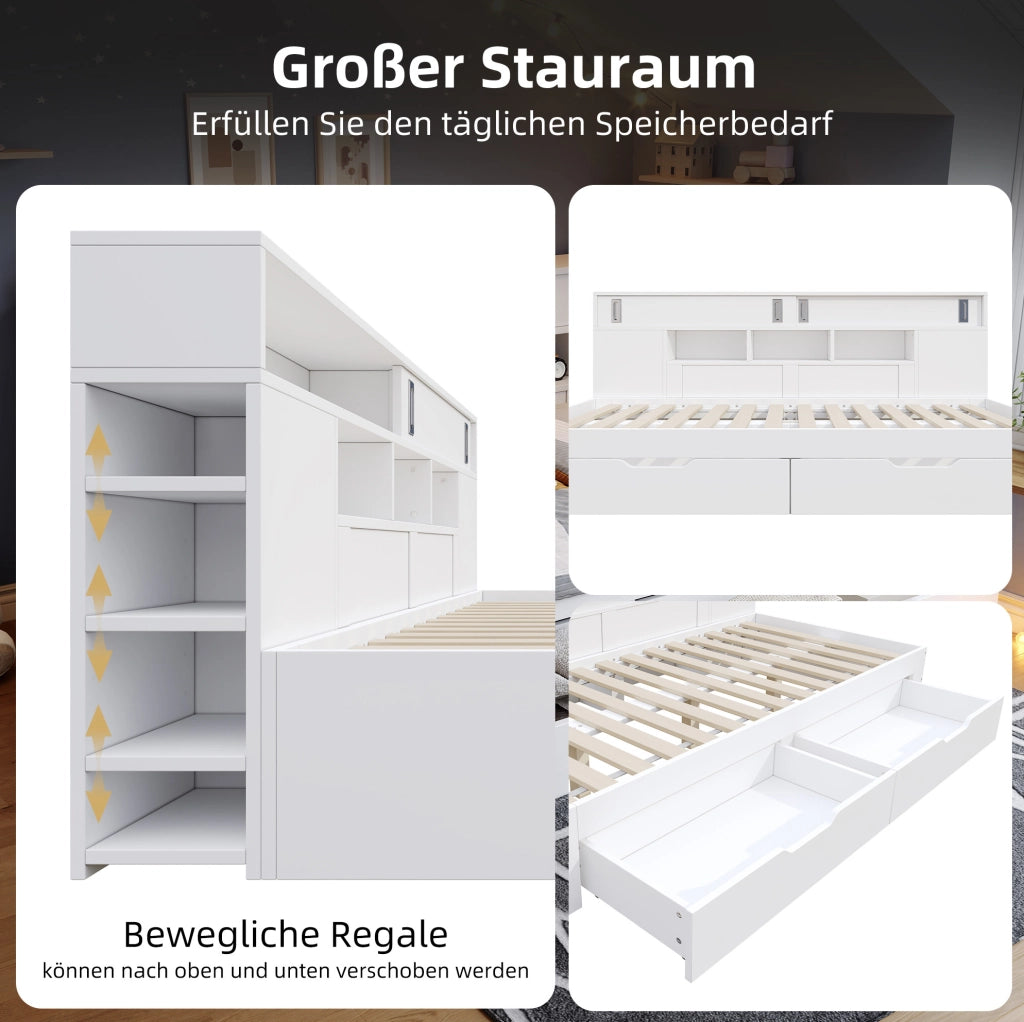 Letto singolo 140x190 cm con cassetti e armadi, bianco