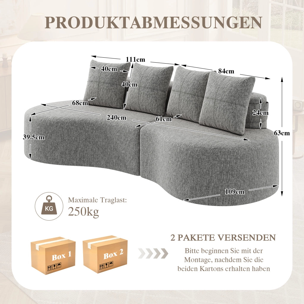 Divano con tasche laterali e portabicchieri 4 cuscini in tessuto di lino grigio chiaro 240 × 109 × 60 cm