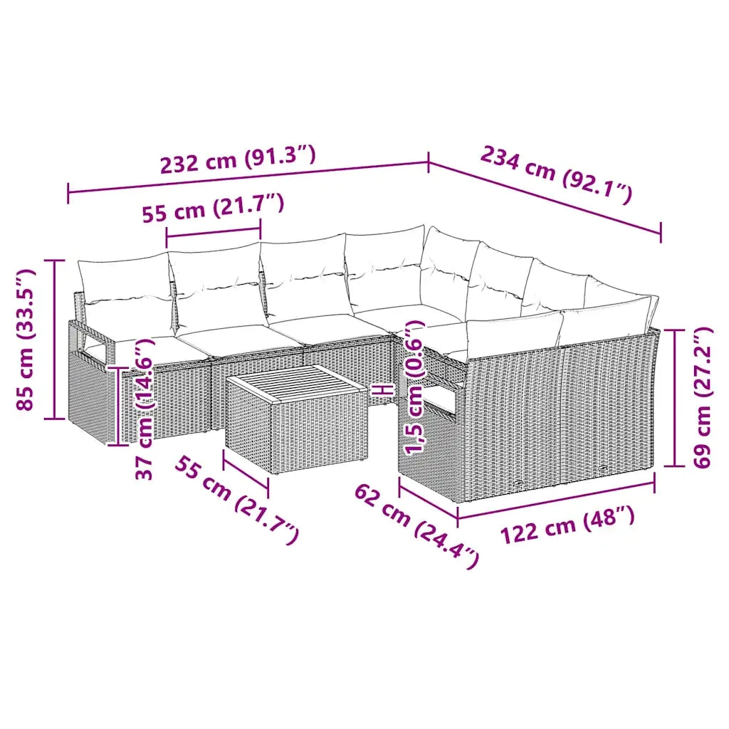 Set Divano da Giardino con cuscino 9 pcs Nero polyrattan 3347684