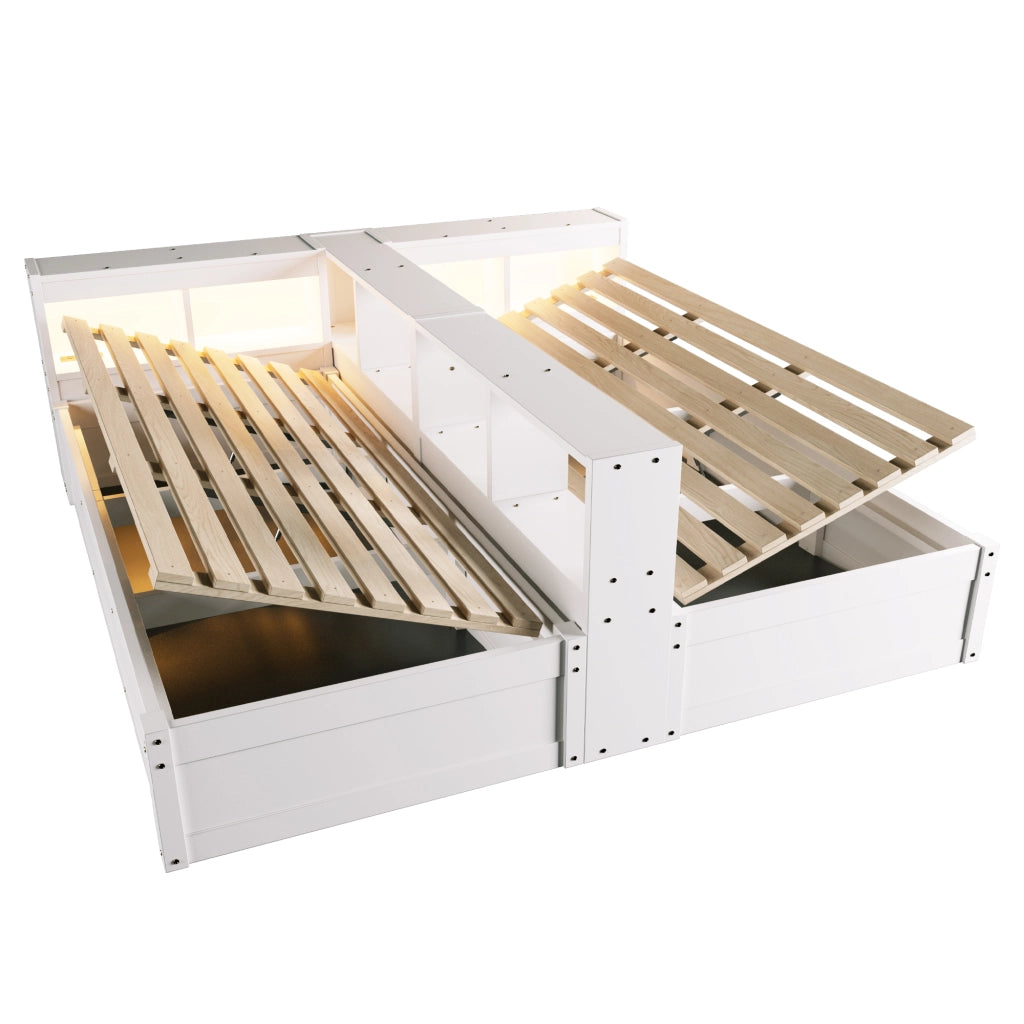 Letto salvaspazio matrimoniale 90×200 cm e 180×200 cm con prese e LED; contenitore; senza materasso; MDF; bianco