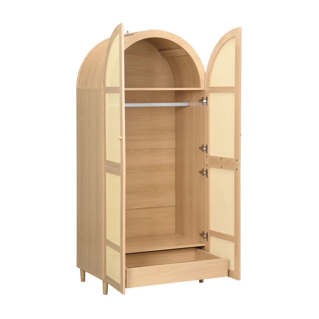 Armadio con ante curve; asta appendiabiti e cassetti; 80x50x179 cm; naturale