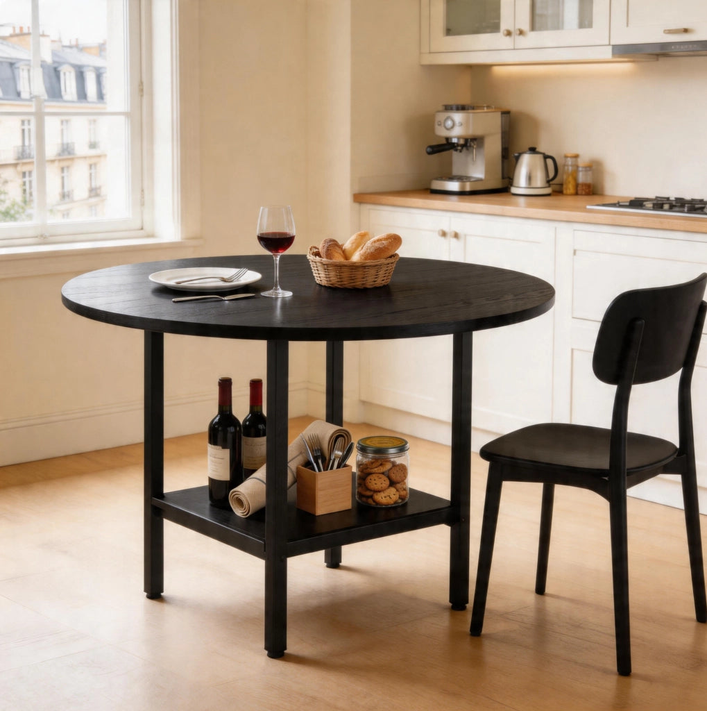 Tavolo da pranzo rotondo ULEVR ?100 cm con ripiano inferiore, MDF e metallo nero, per 4-6 persone