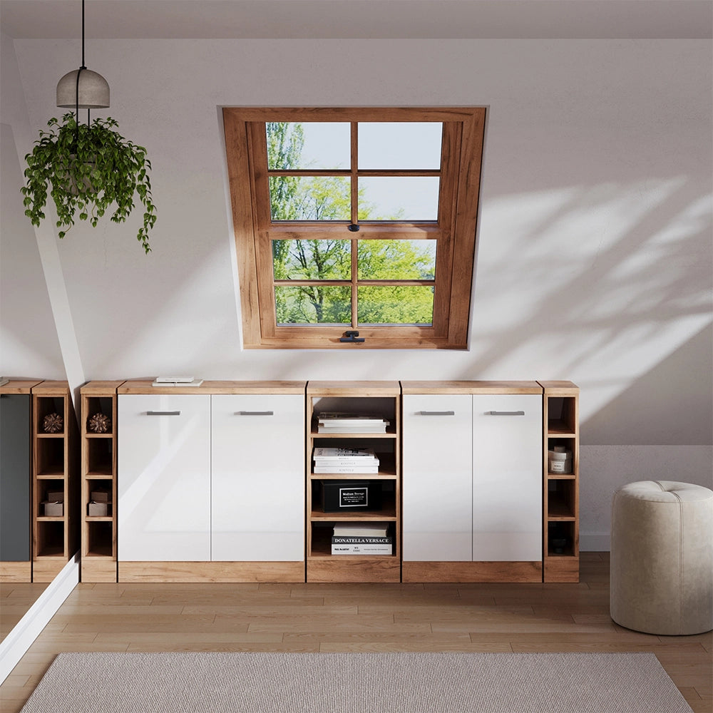 Set di mobili sottotetto Rion Bianco lucido/Rovere dorato 210 cm Set di 5 carcasse armadio profondità 60 cm Vicco