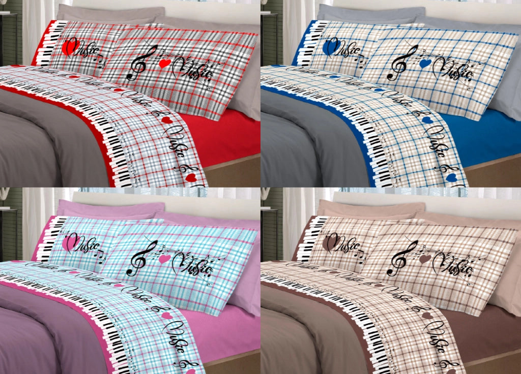 Completo Lenzuola Linea Pensieri Delicati 100% Cotone Disegno Musica - Piazza E Mezza - Rosa