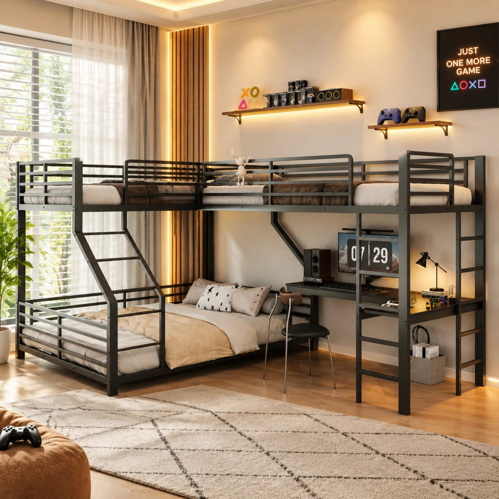 Letto a Castello 90x200 cm e 140x200 cm; 3 Posti - Scrivania; USB e Type-C - Nero
