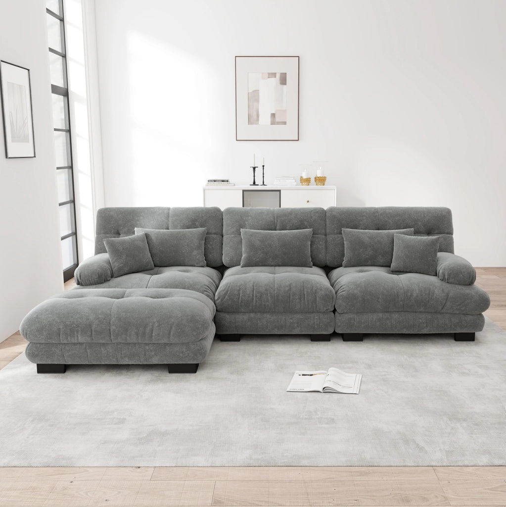 Divano angolare modulare con ottomane 313x145x81 cm in ciniglia grigia