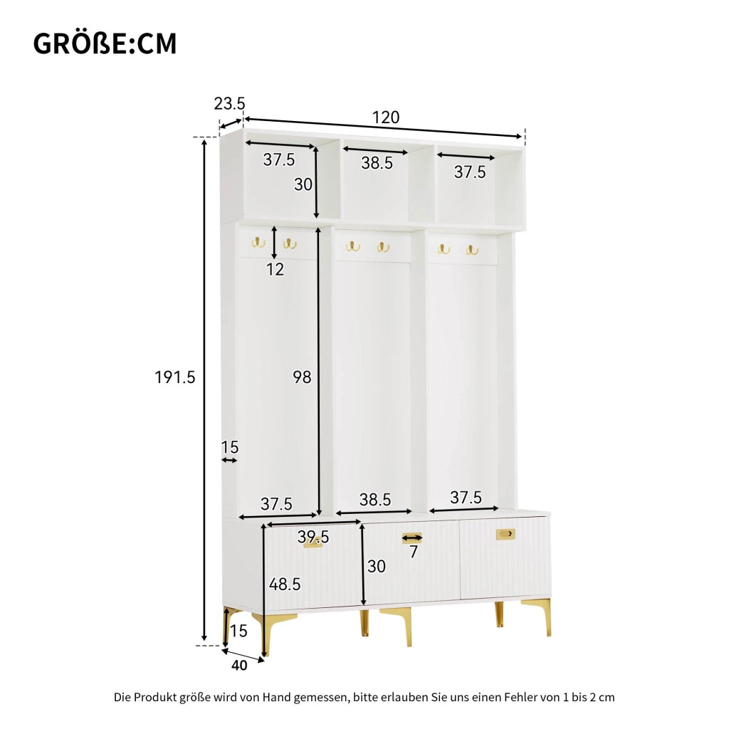 Mobile da ingresso con panca, 6 ganci e vani aperti, ante scanalate, per ingresso, bianco, 120 × 40 × 191 cm