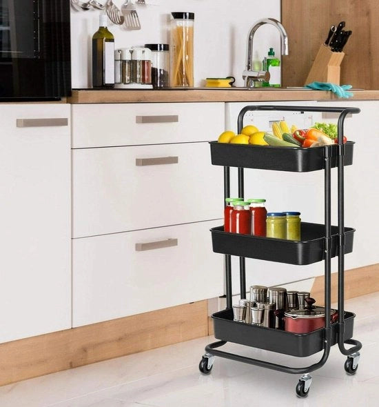 Carrello per archiviazione 3 livelli con ruote - Trolley per contenitori da cucina e bagno - Nero