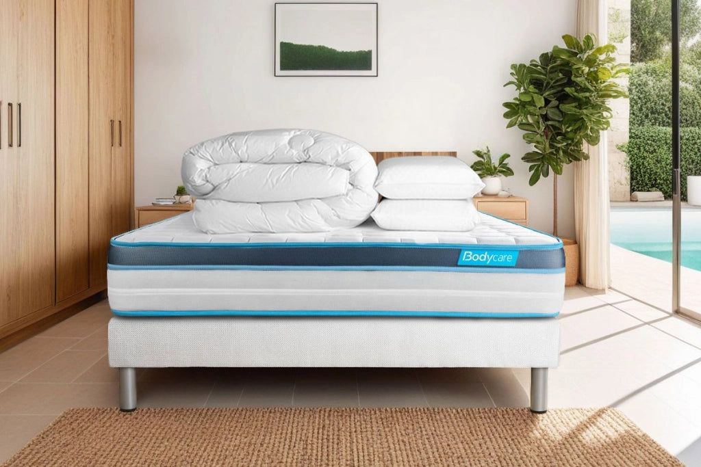 Pack letto completo - Materasso 140x200 cm + Rete imbottita a doghe (in kit) + 2 cuscini + Piumino - BodyFit