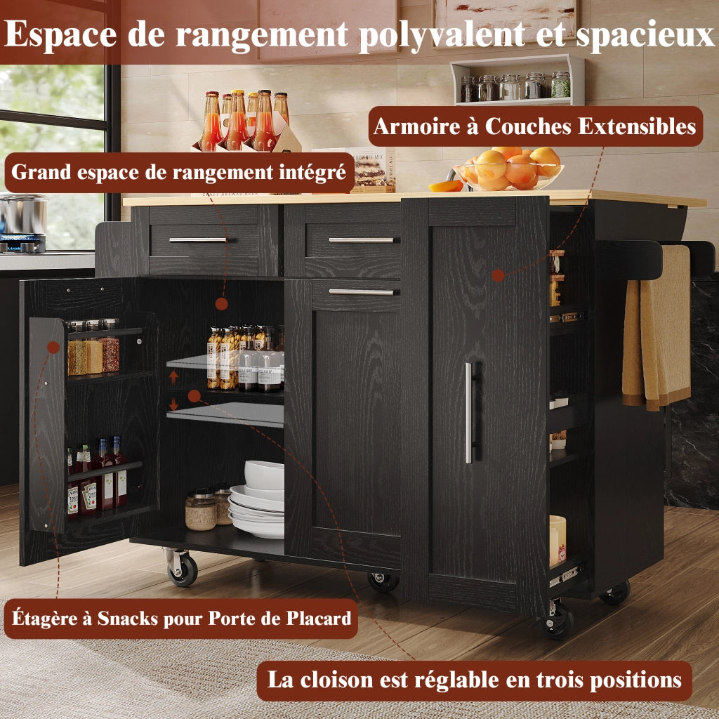 Carrello da cucina con piano ribaltabile; vani contenitore e ruote bloccabili; MDF nero; 110 x 46 x 90;5 cm