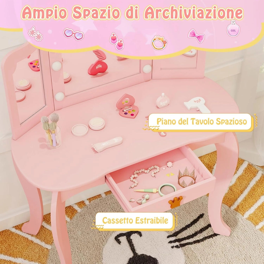 Set Toeletta Trucco per Bambina con Sgabello, Tavolo Trucco Triplo Specchio Staccabile con Luci LED a 3 Colori, Postazione Trucco con Cassetto e Accessori, per Bambine 3-7 Anni (Rosa)
