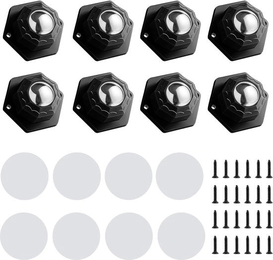 Pacchetto di 8 ruote per mobili, nero, 20 mm ruote a sfera pesanti, ruote a sfera mini, ruote per mobili, ruote a sfera per 360 gradi per elettrodomestici, adesive, ruote a sfera per mobili, cassonetti, elettrodomestici