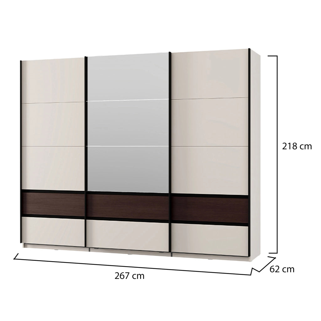 Armadio Camera da Letto Sapa, Guardaroba 3 Ante 3 Ripiani, 267x62 cm Bianco Crema