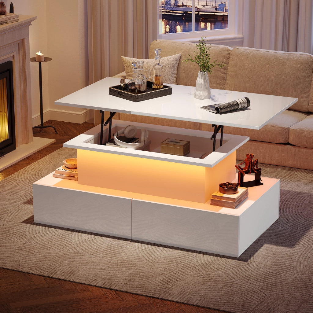 Tavolino Da Salotto con LED e 4 Cassetti; Piano Scorrevole; Bianco Lucido; Stile Moderno; in Pannelli di Particelle; Bianco