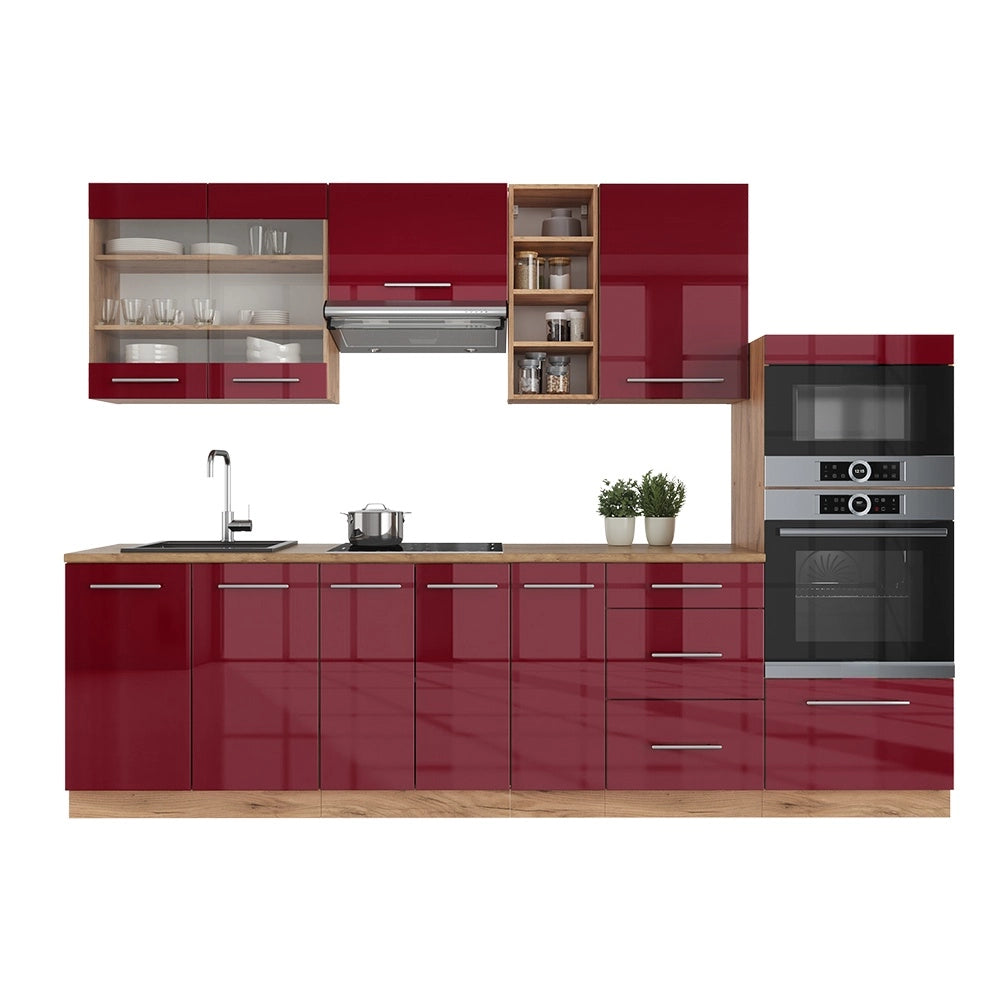 Cucina componibile Fame-Line Bordeaux lucido/Rovere dorato 280 cm senza piano di lavoro Vicco