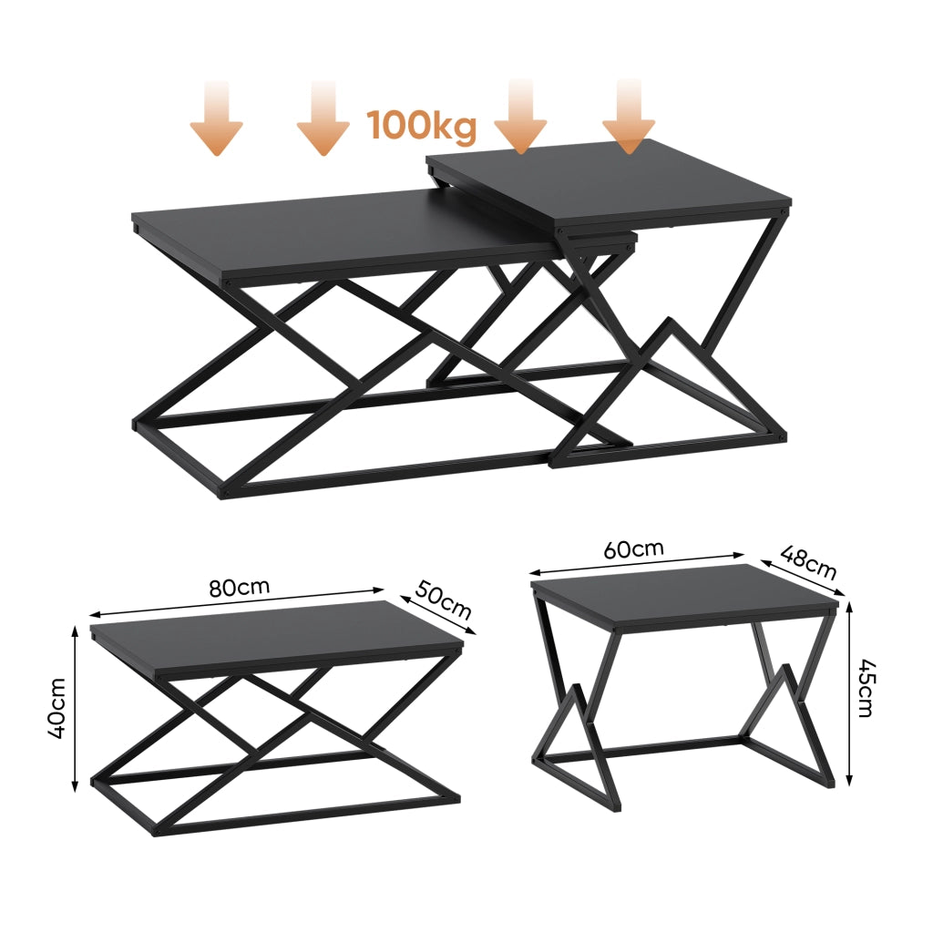 Tavolino basso geometrico in truciolare e metallo nero con ripiano a più livelli per soggiorno 80 × 50 × 40 cm