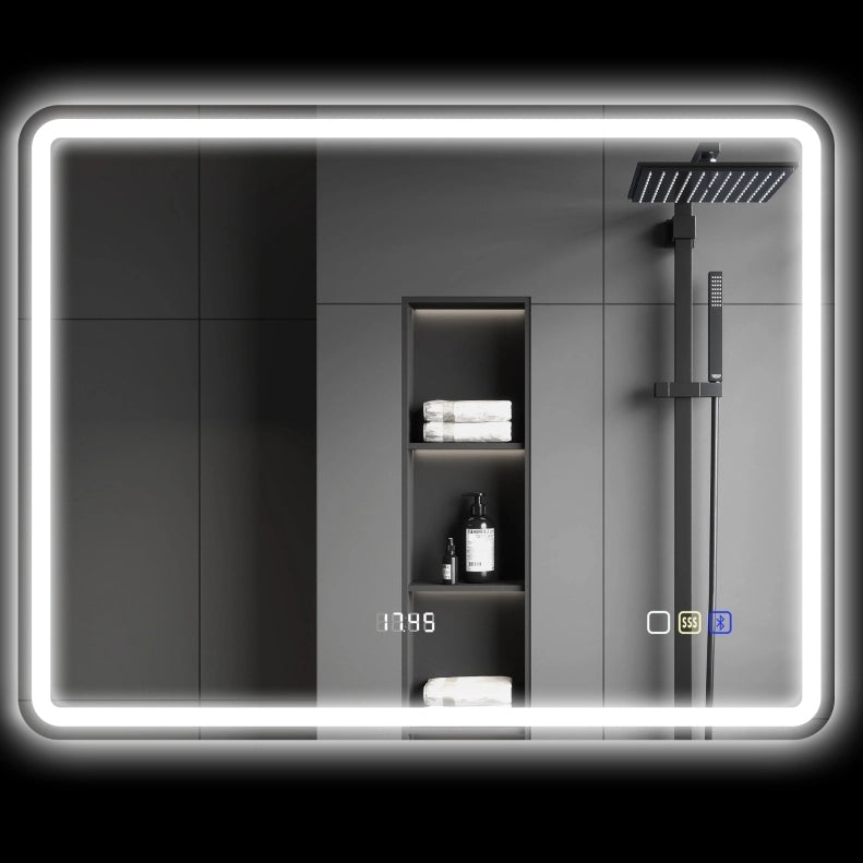 Specchio bagno LED ULEVR 70x90 cm con Bluetooth, orologio, antiappannamento e luce dimmerabile, argento