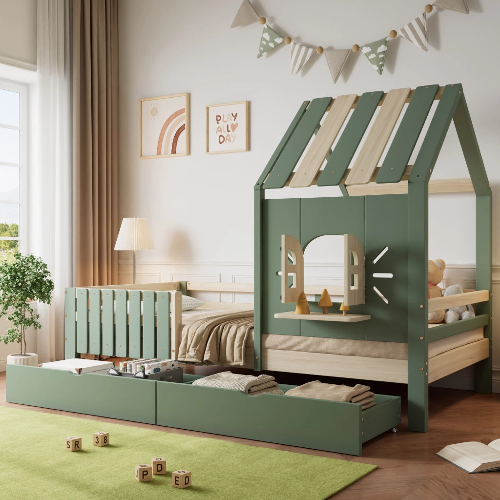 OKWISH Letto a Casetta 90×200 cm, Letto Singolo con 2 Cassetti e Finestra, senza Materasso, in Legno Massello e MDF, Verde